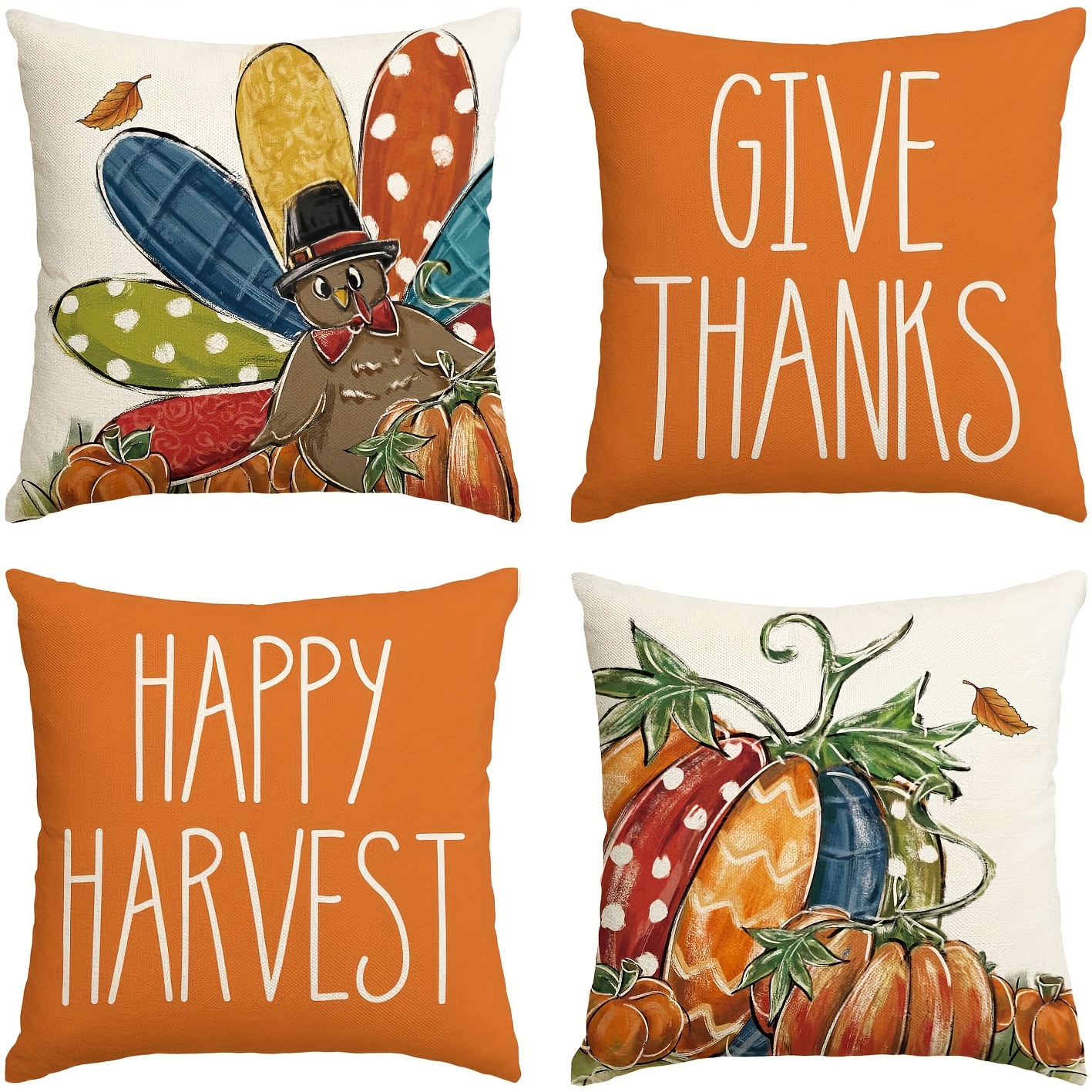 

4-pack Thanksgiving Throw Pillow Covers 18x18 Inch, Contemporary Zippered Polyester Pillowcases For Home Decor, Featuring Thanksgiving Turkey, Pumpkin Designs & "give Thanks", "happy Harvest" Messages
