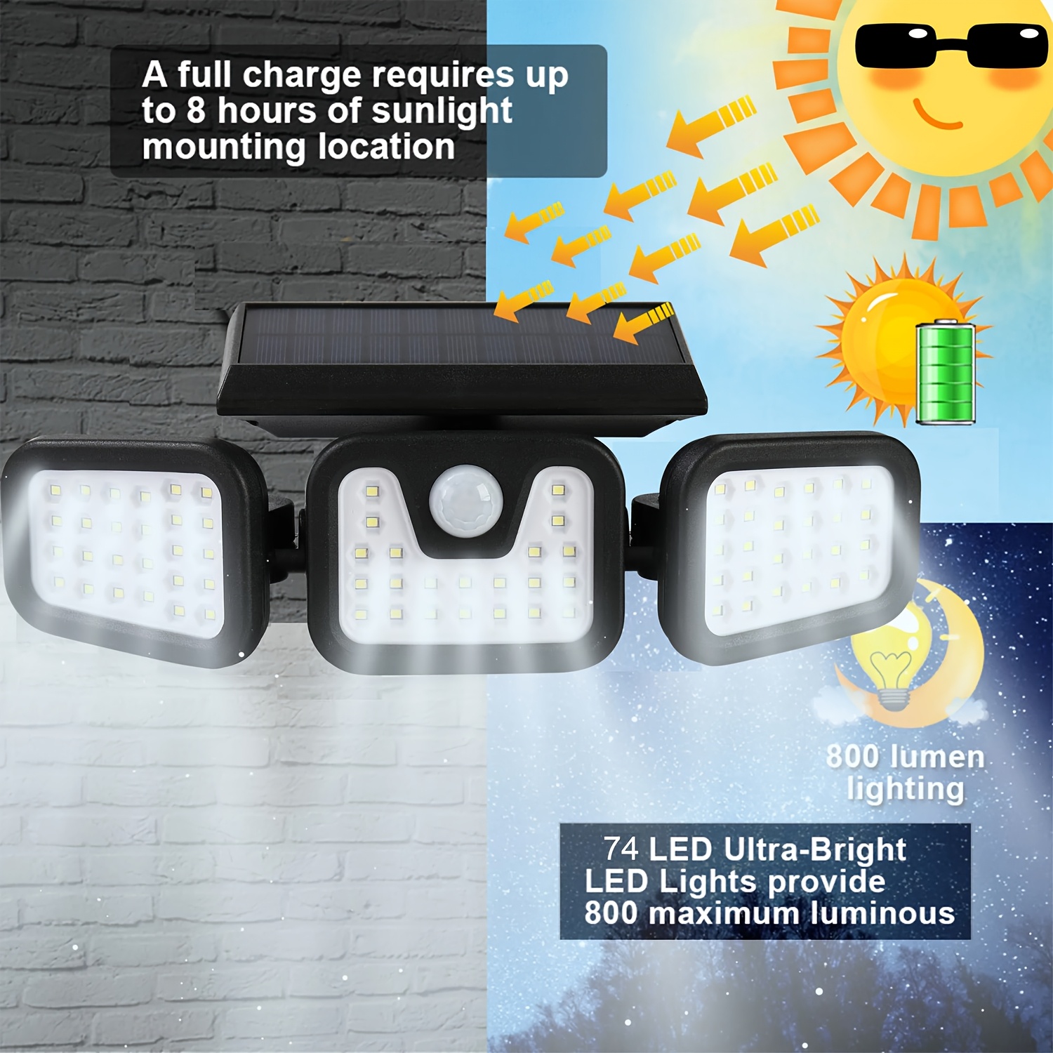 74 led solar security lights with motion sensor 3 brightness outdoor wall lights for front door yard garage sidewalk pathway solar powered design Product details 3