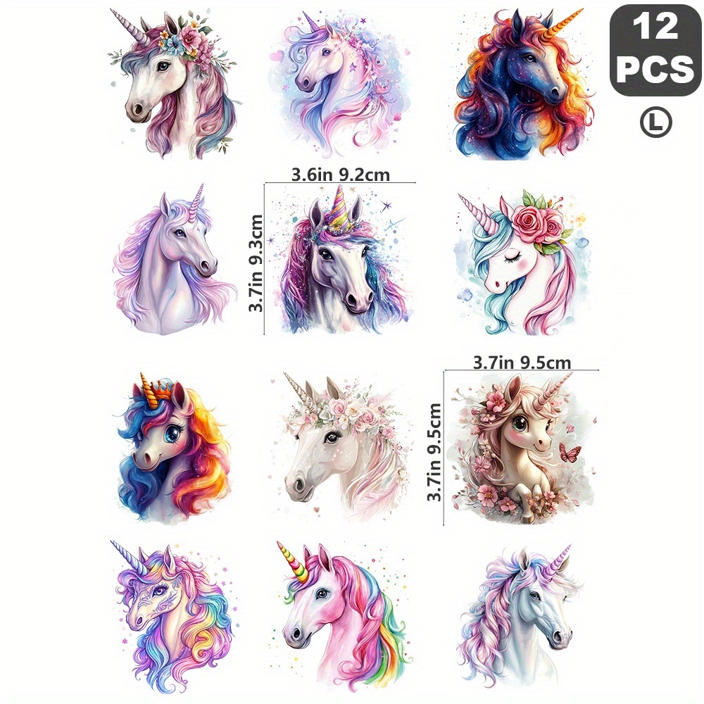 Image of 12pcs Unicorn Cute Colorful Whimsical Elegant Beautiful Washable Diy Patches, Suitable For Clothing T-shirt Jeans Backpack Style Heat Transfer Decals