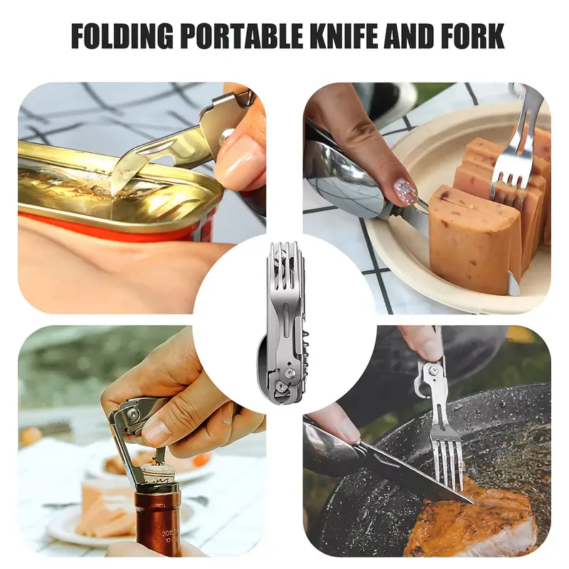 a versatile folding outdoor tableware set with 5 in 1 including knife bottle opener made of stainless steel easy to clean and with a storage bag camping details 0