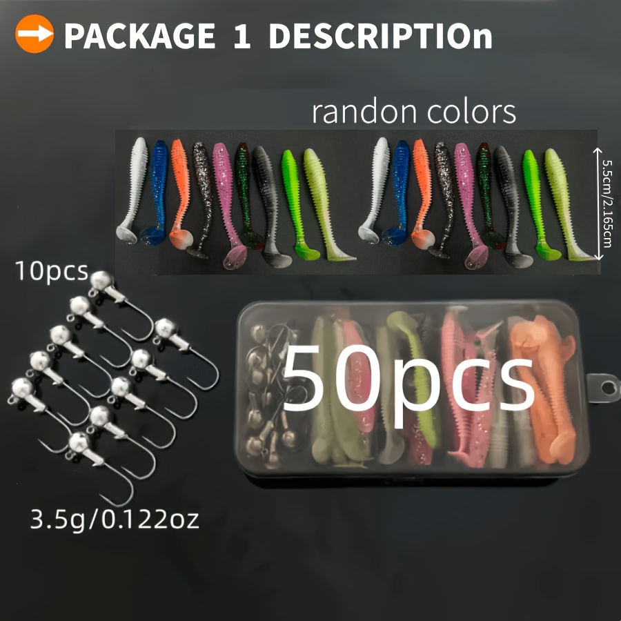 TEMU 50pcs Soft , 10pcs 3.5g/5.5g Lead Head Hooks + 40pcs Threaded Tails - Random Colors, Worm Root Lures Rigging And Catfish Mini Bio Baits