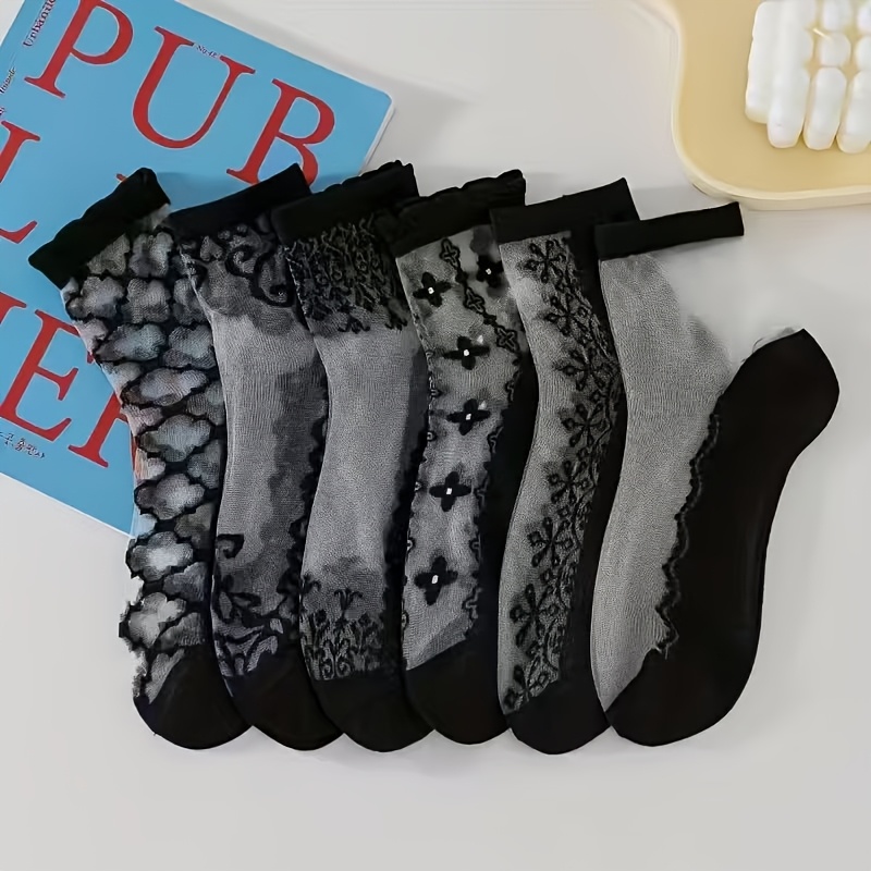 TEMU Spring And Summer Random - 5 Pairs Of Lace Nude Color Lace Wear-resistant Breathable Stockings Crystal Mid-tube Non-slip Mesh Cool And