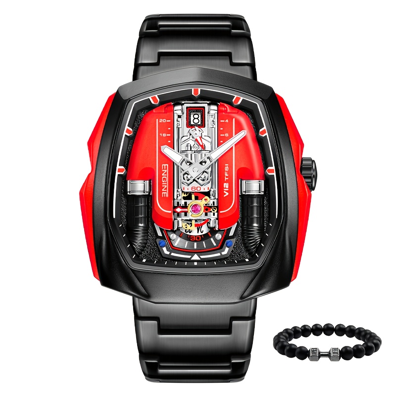 Image of New Model Wine Series Sports Car Series Engine V12 Fully Automatic Quartz Non-mechanical Hollow Bottom Cover Multifunctional Business Trendy Men's Watch