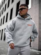 bluza z kapturem dla mężczyzn z nadrukiem - szara, długi rękaw, pulower z motywem kwiatów wiśni i japońskim tekstem, casualowa odzież uliczna na jesień/zimę, odzież jesienno-zimowa | bluza z grafiką na tyłku | dekoracja japońskim tekstem