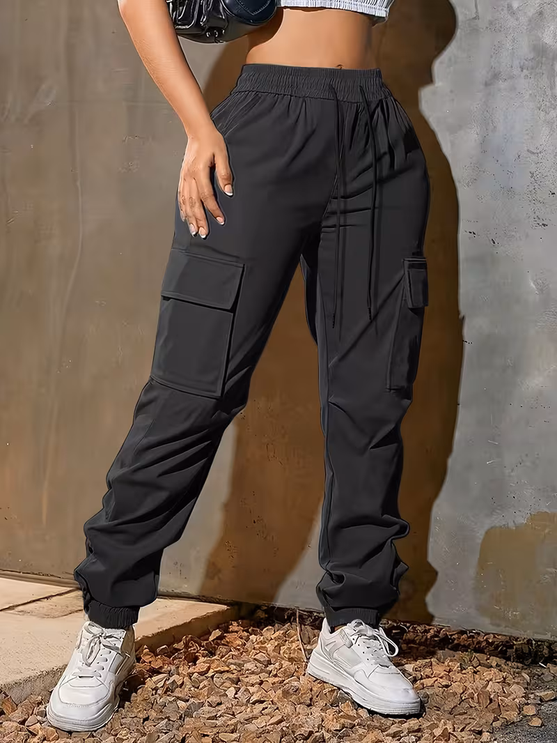 womens fashion casual trendy solid color drawstring waist cargo pants with large pockets suitable for sports streetwear and casual attire Product details 4