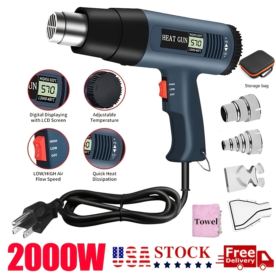 TEMU 2000w Digital Display Hot Air Gun, Electric For Heat Shrink Gun, Dual Temperature Setting + 4 Nozzles, Storage Bag, Tool, Used For Heat Shrink