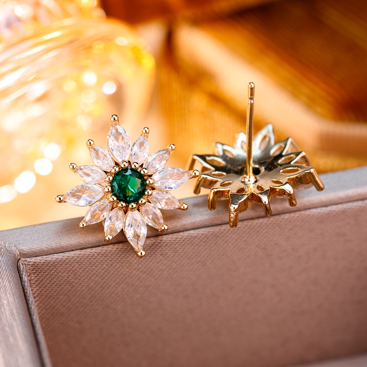 Copper Sunflower Stud Earrings with Synthetic Zirconia