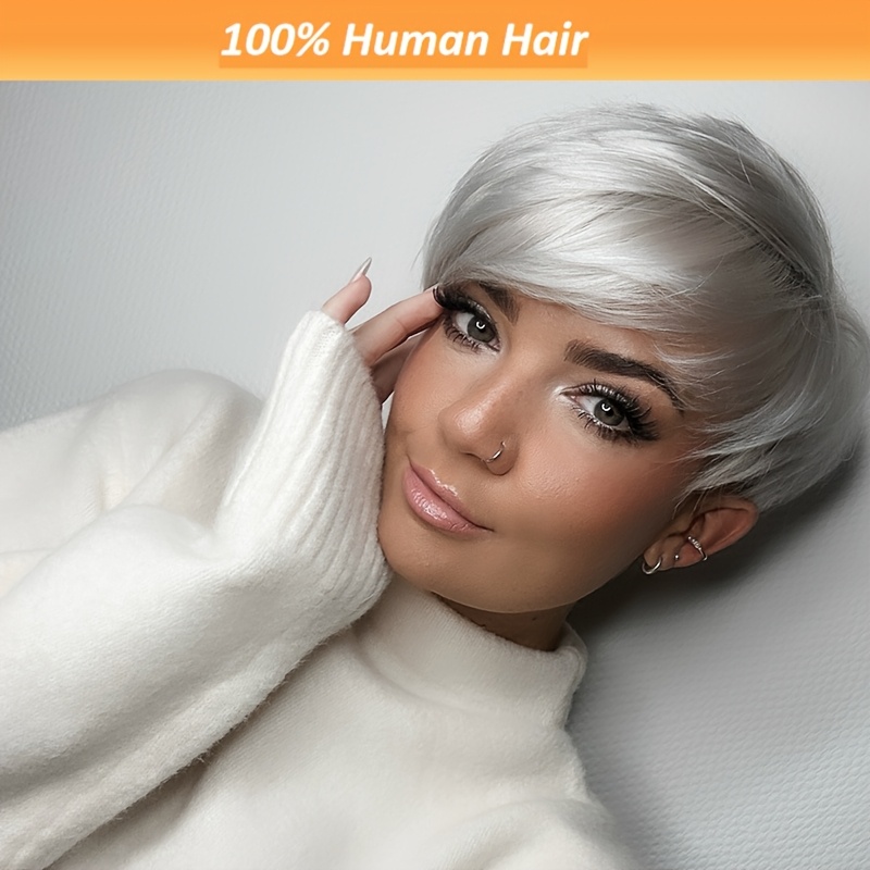 

Elegant Silvery Grey Layered Cut Wig Human Hair 4 Inch Pre- Brazilian Human Hair 180% Density Short Straight Hair With Bangs Styling & Trimming