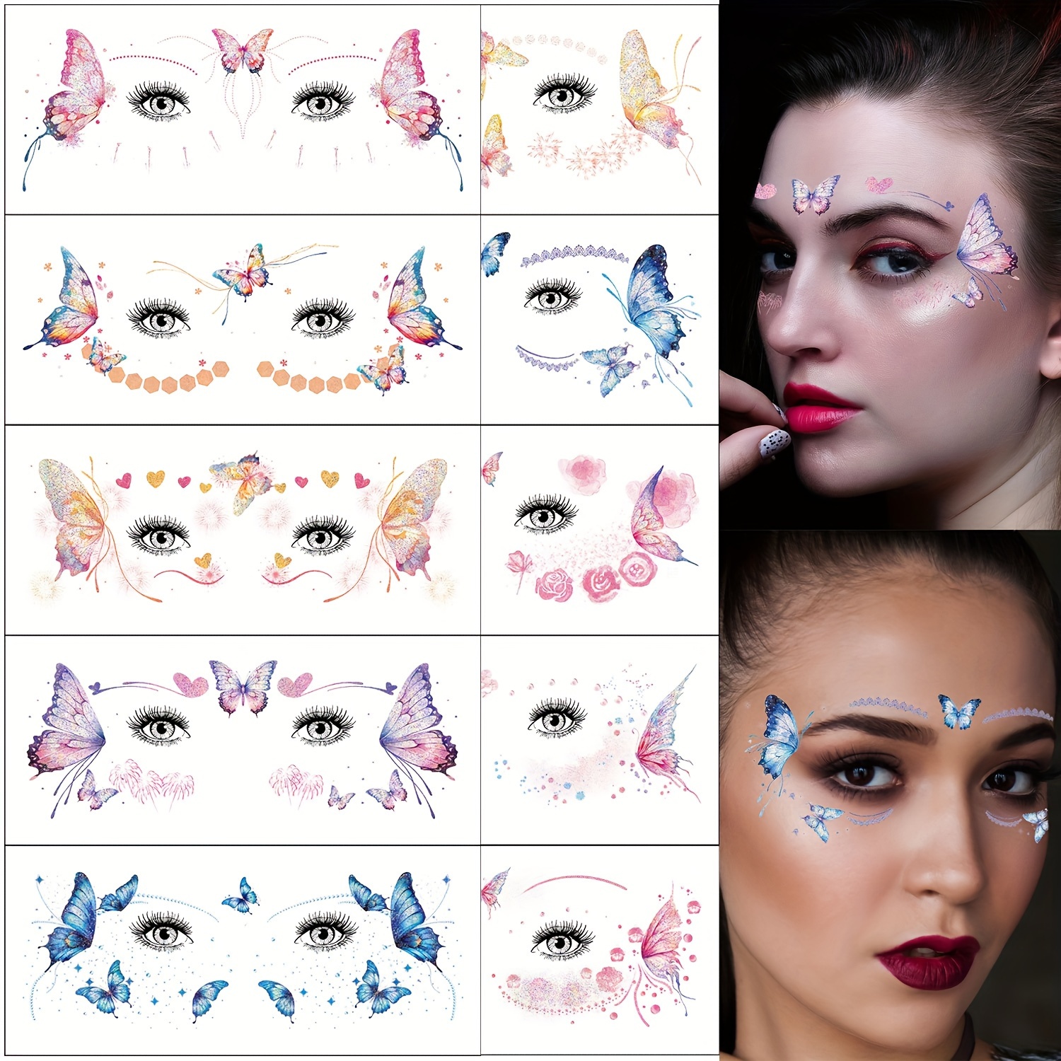 Image of 10pcs Face & Eye Glitter Tattoo Stickers For Women, Colorful Design, Waterproof Realistic Temporary Tattoos For Party Performances
