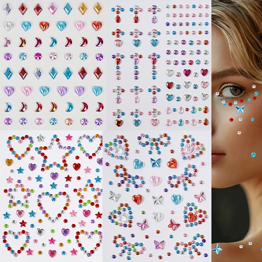 TEMU 4pcs Face Synthetic Gemstones Hair Synthetic Gemstones Set, Star And Moon Self-adhesive Face Jewels Rhinestones Diy Face Synthetic Gemstones