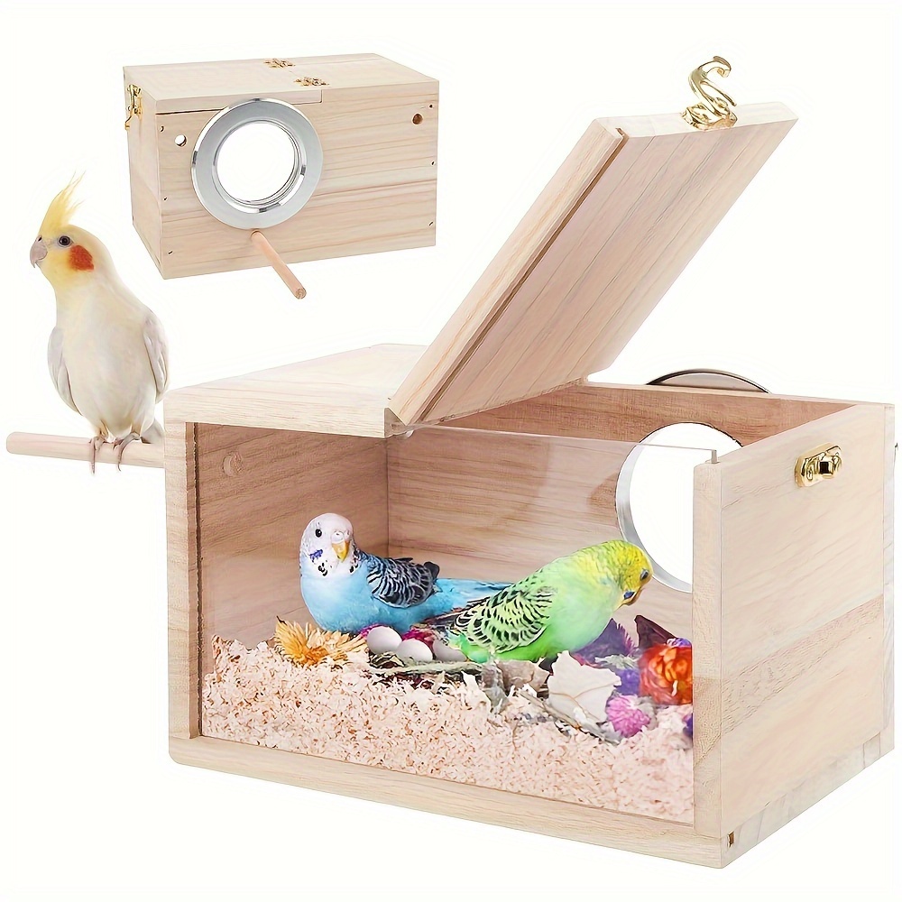 Nesting Box With A Design, Suitable For Breeding Birds Like Cockatiels, Lovebirds, Budgies, , Parrotlets, And , Featuring A Perch And Wooden Structure