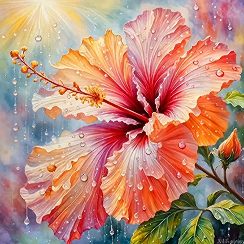 

1pc 5d Diamond Painting Set, Hibiscus In Flower Theme, Round Diamond Art , Decoration, 30x30cm/11.8 Inch X 11.8 Inch, Suitable For All Of Wall Decorations And Desktop , A Gift!