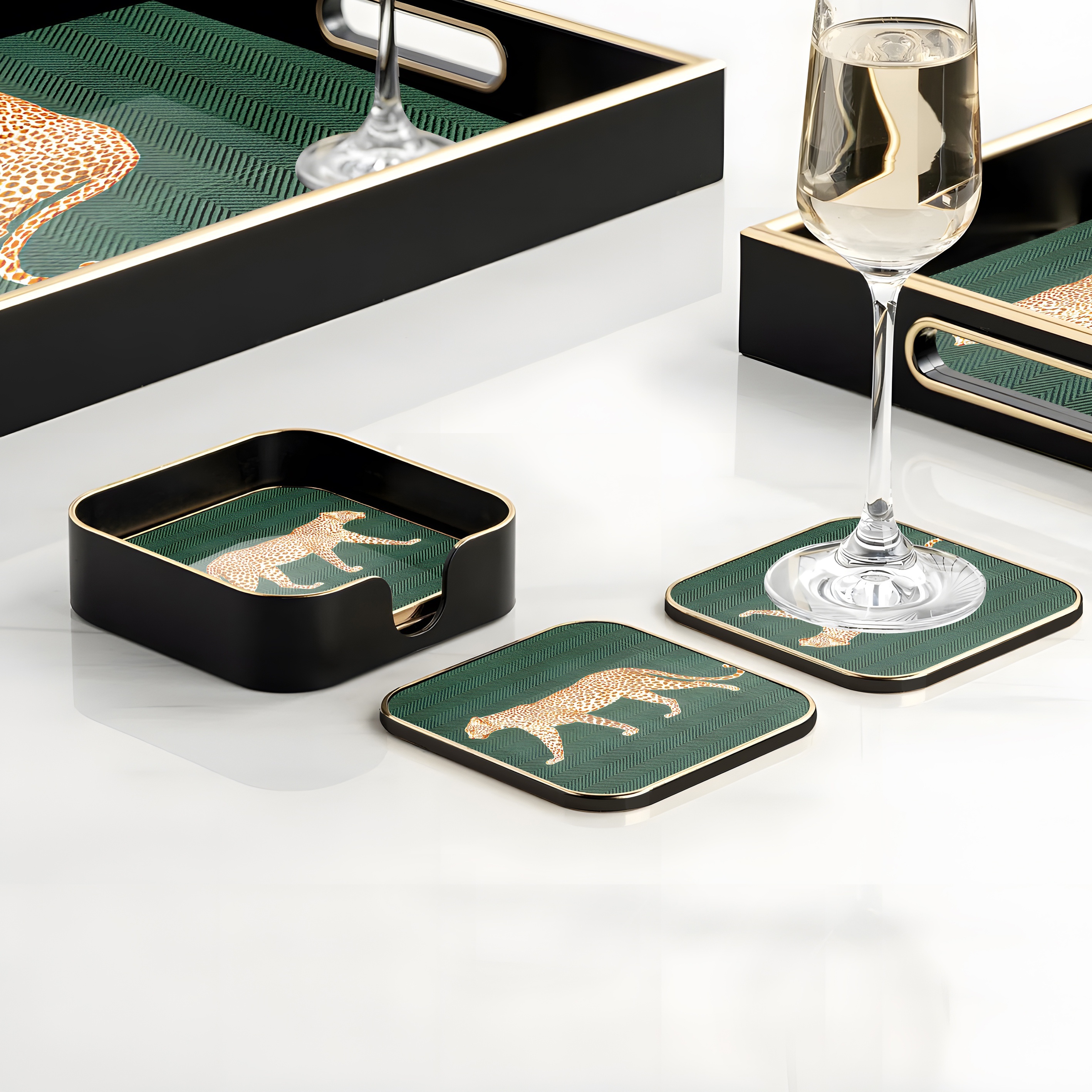 TEMU Dekoratives Untersetzer-Set mit Chettah-Print, 4 Untersetzer und 1 Halter, Grün und Gold
