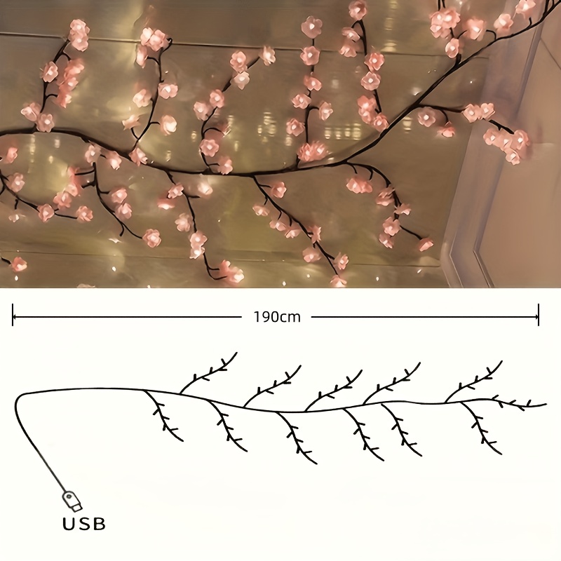 TEMU Usb Powered Cherry Vine Lamp, Led Branch Lamp, 8 Flashing , Diy, Indoor Ambient Lighting, Suitable For Bedrooms, Living Rooms, Walls, Parties,