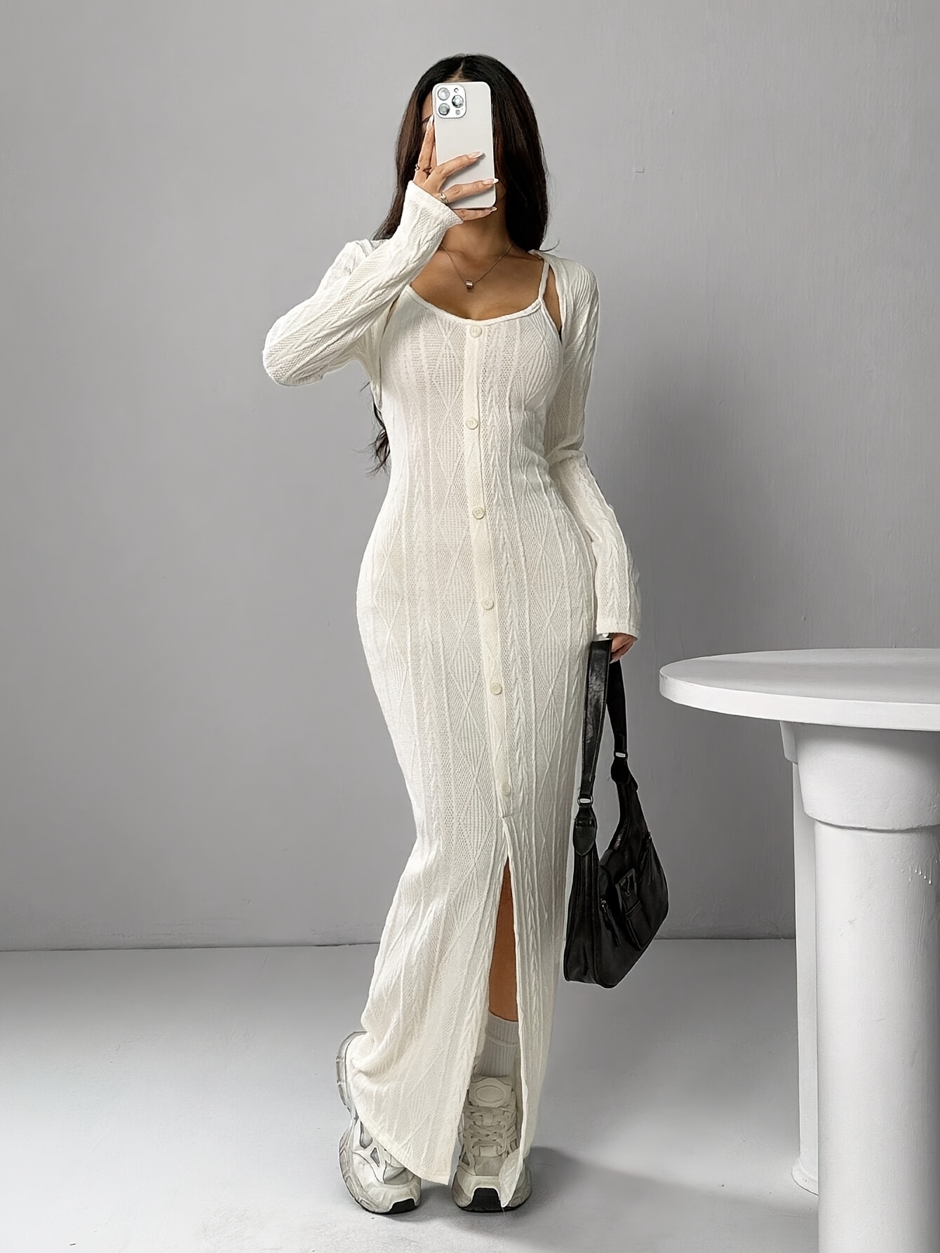 womens white ribbed maxi dress long sleeve cardigan bodycon - Temu
