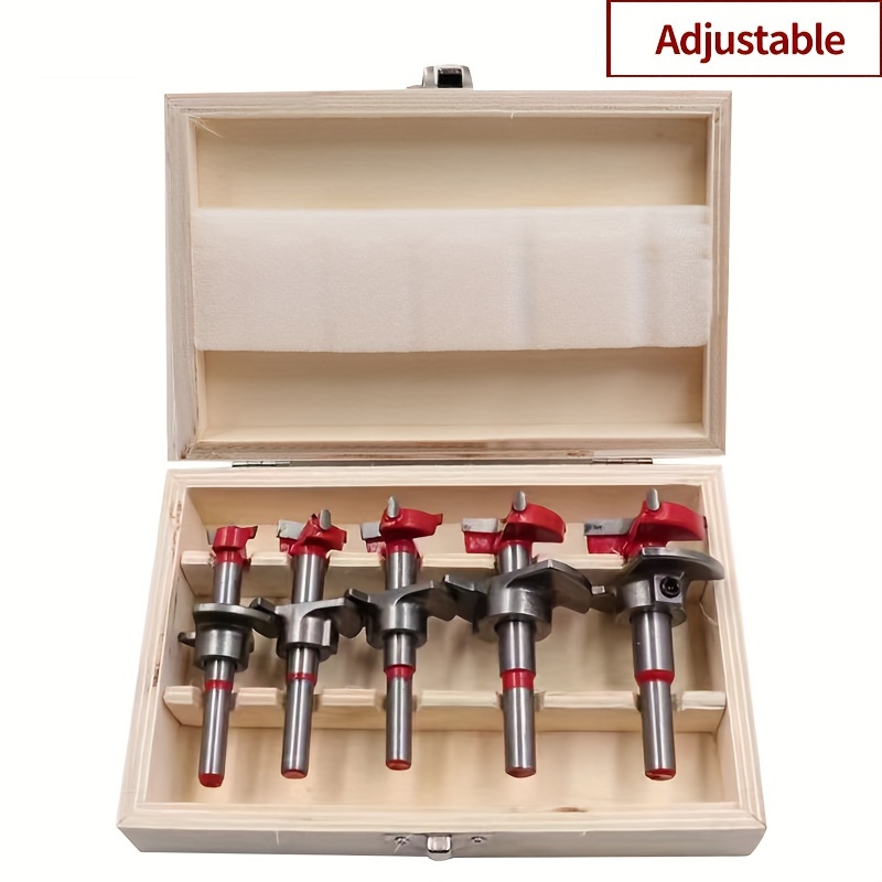 TEMU Kit de 5 Brocas de Posicionamiento para Carpintería, Juego de Brocas Ajustables de Cementado para Agujeros de Bisagras, Accesorios de Carpintería