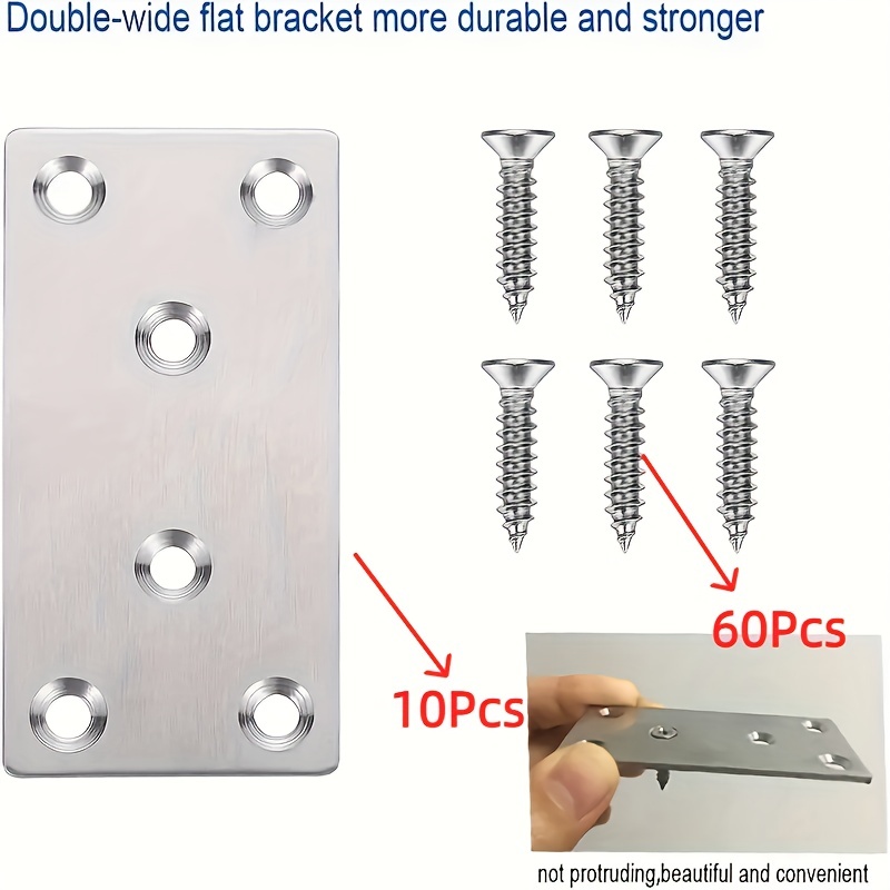 

70pcs Heavy Duty Stainless Steel Straight Braces - Flat Mending Repair Plate Brackets Set For Furniture, Wood, Shelves, Cabinet Fixing