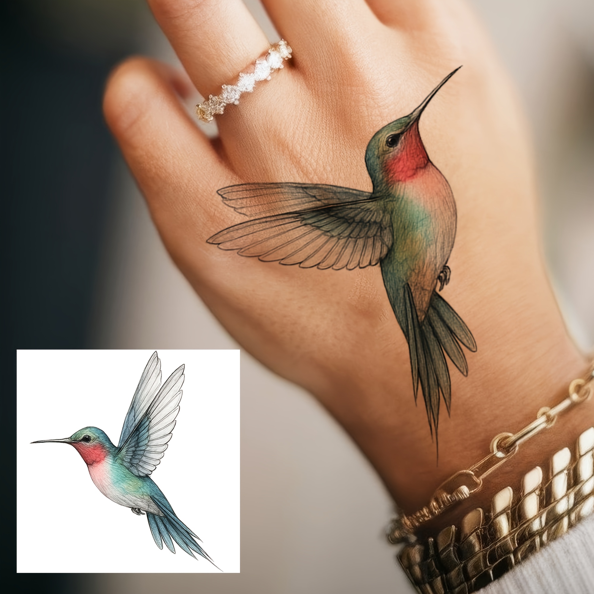 A Temporary Hummingbird Tattoo For Men And Women, Suitable For Fingers, Ankles, Waist, Legs, Thighs, Forearms, And Calves. This Waterproof And Long-lasting Fake Tattoo Sticker Looks Very Realistic