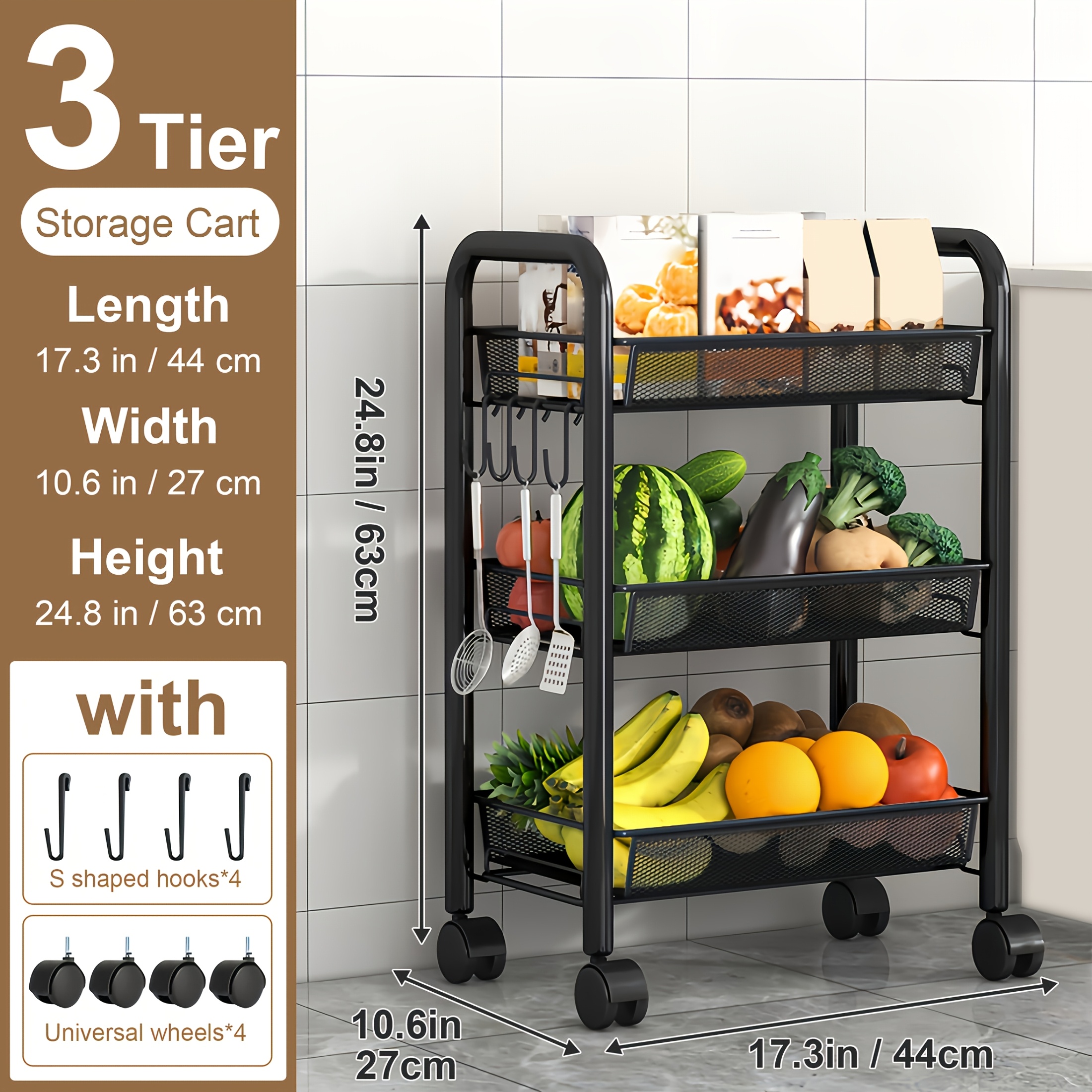 TEMU Heavy-duty Metal Rolling Kitchen Cart With 3/4/5-tier Shelves, Mobile Storage Cart Suitable For Small Spaces, Assembly, Space-saving For Pantry,