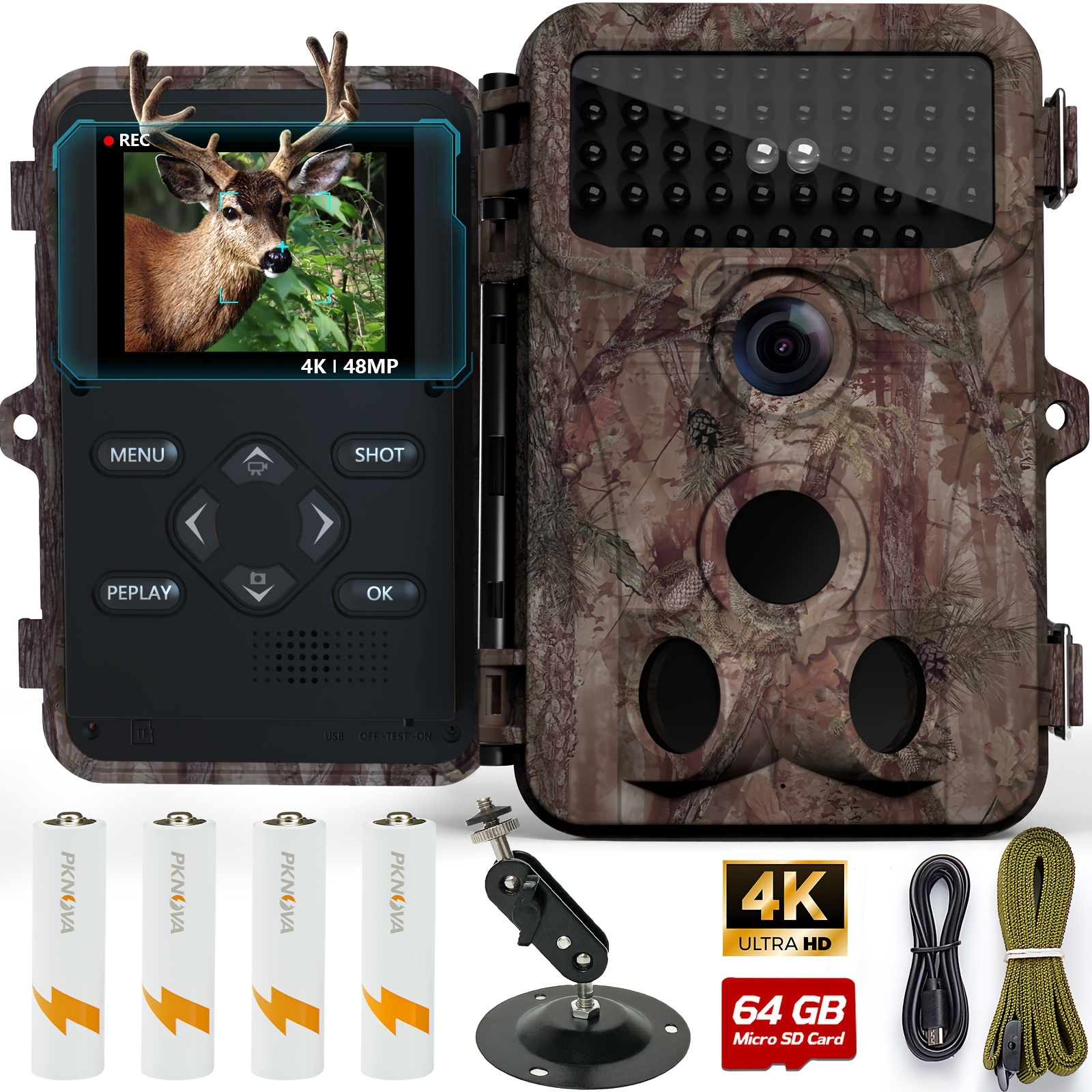 

New View 4k 48mp Trail Camera, Game Camera With Night Vision, Ip66 Waterproof , 0.1s Trigger Motion Activated Hunting Camera, 130° Deer Camera With 44pcs No Glow Leds For Hunting