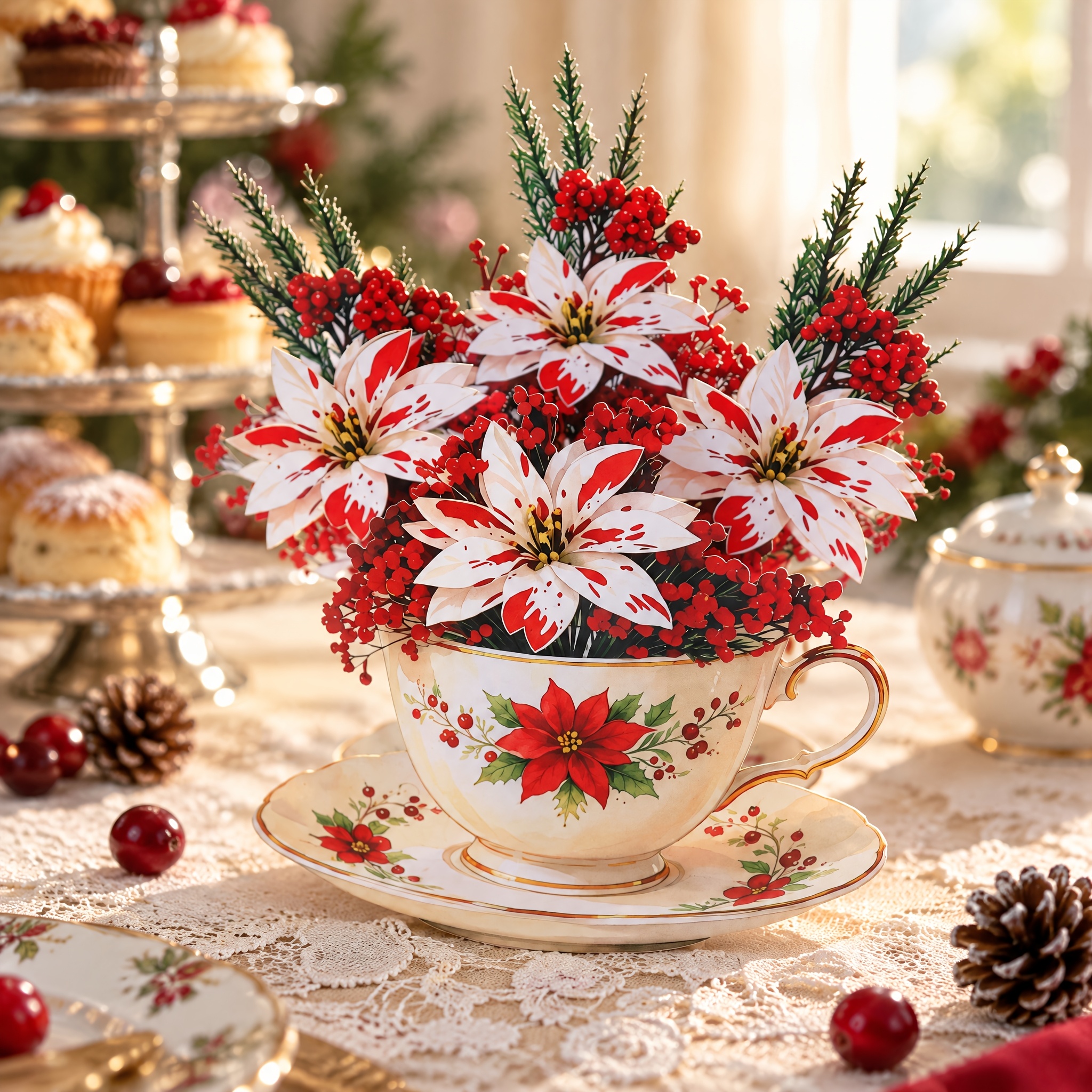TEMU 1pc Teacup Christmas 3d Pop-up Greeting Card, Elegant Red And White Ink Splatter Dense Red Berries Cluster Pine Branch Bouquet Design, Foldable