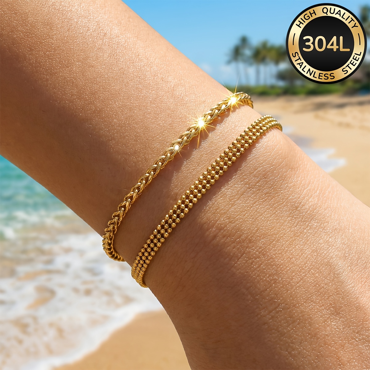 E-shop 2-teiliges Damen-Armband-Set aus 304L Edelstahl, 18k vergoldet, wasserdicht farbecht, modischer eleganter Damenschmuck, für alle Jahreszeiten