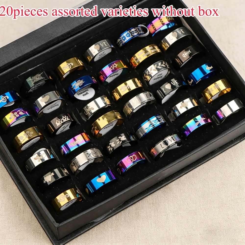 TEMU 20pcs Classic Easy And Elegant Print Striped Stainless Steel Men's Rings/ Various Styles Men's And Women's Finger Jewelry Ring Sets/ Party And