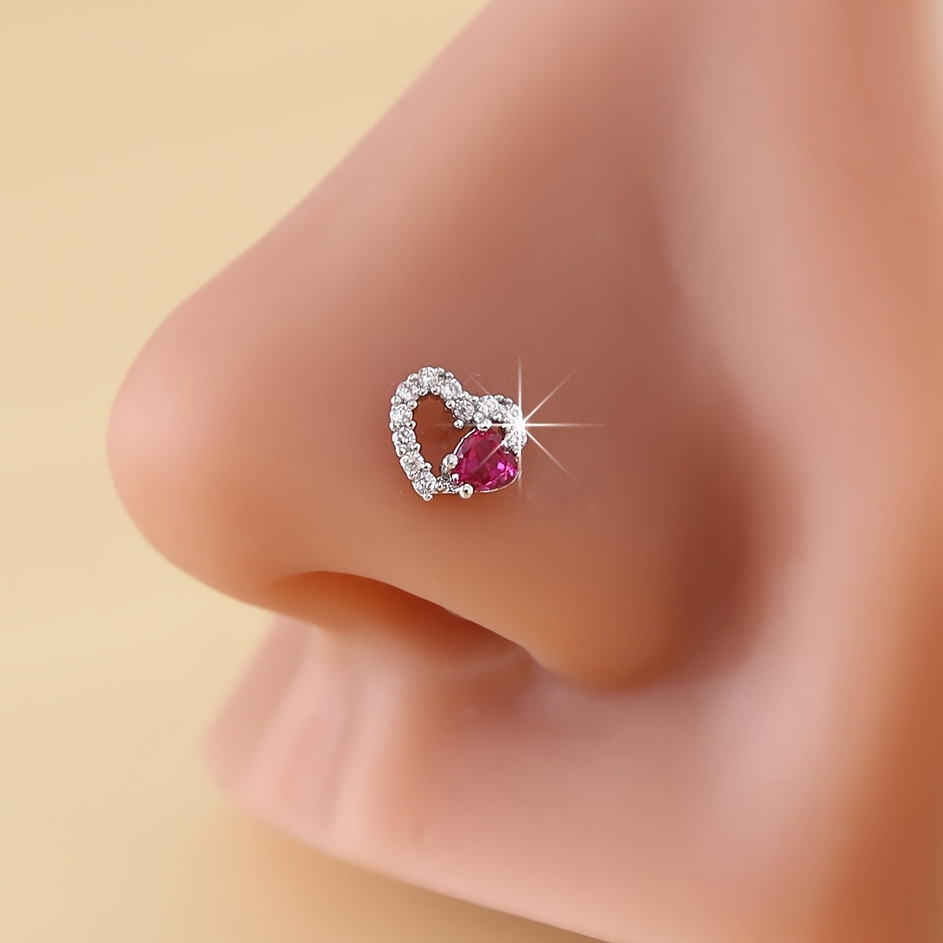 1pc Heart-shaped Inlaid Rose-red Artificial Synthetic Zirconia, Fashionable And Cute Nose Stud, Nose Jewelry, Suitable For Daily Wear