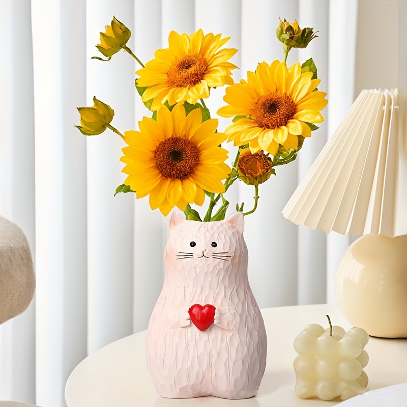 

Modern Cartoon Cat Bud Vase, Resin Heart Kitty Decorative Flower Vase, Cylinder Shaped Cartoon Cat Figurine Plant Holder For Home Decor