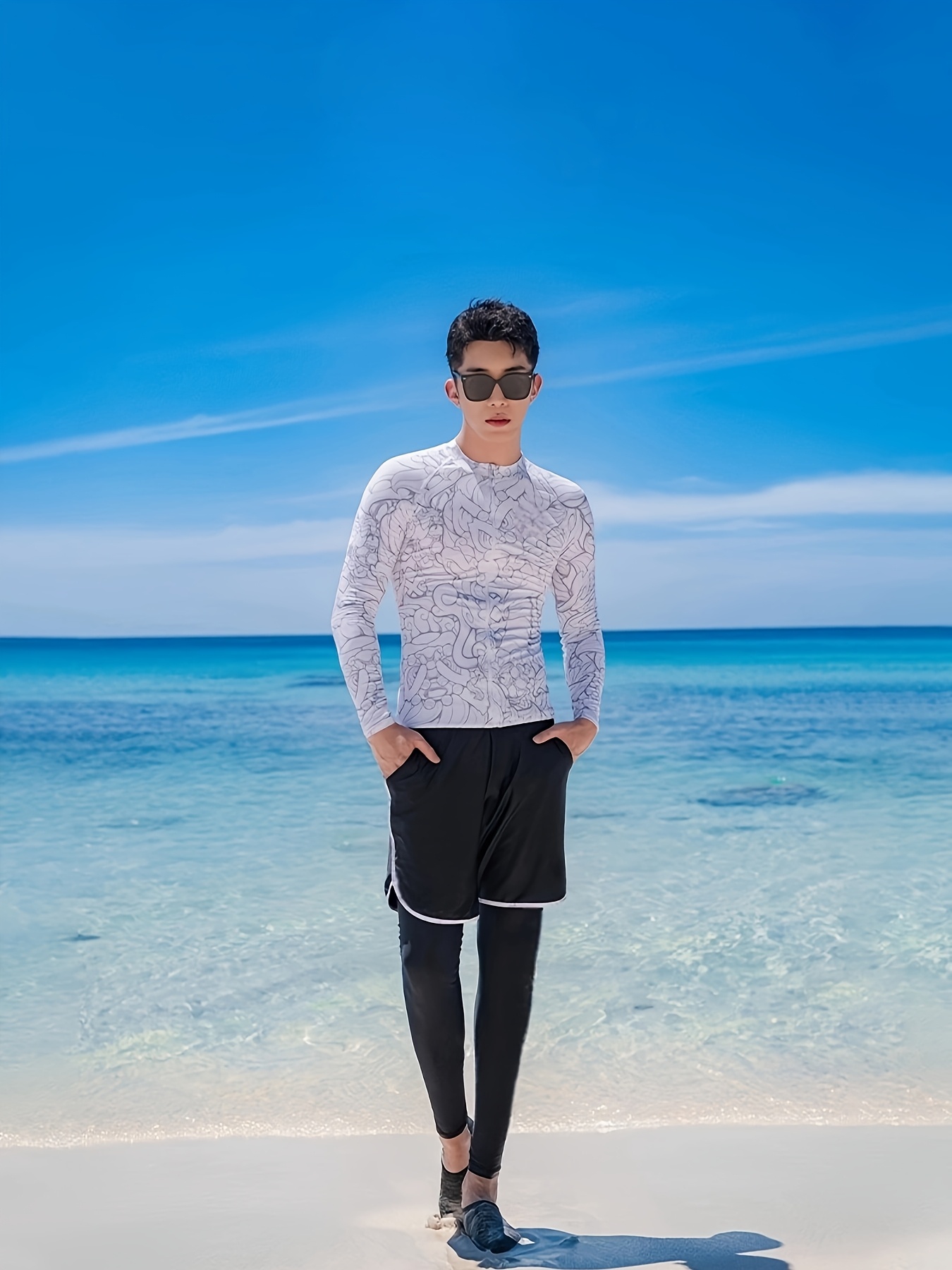 Traje de baño casual para hombre de media, Diseño impreso, Shorts y  leggings negros para y el snorkel, Ropa de