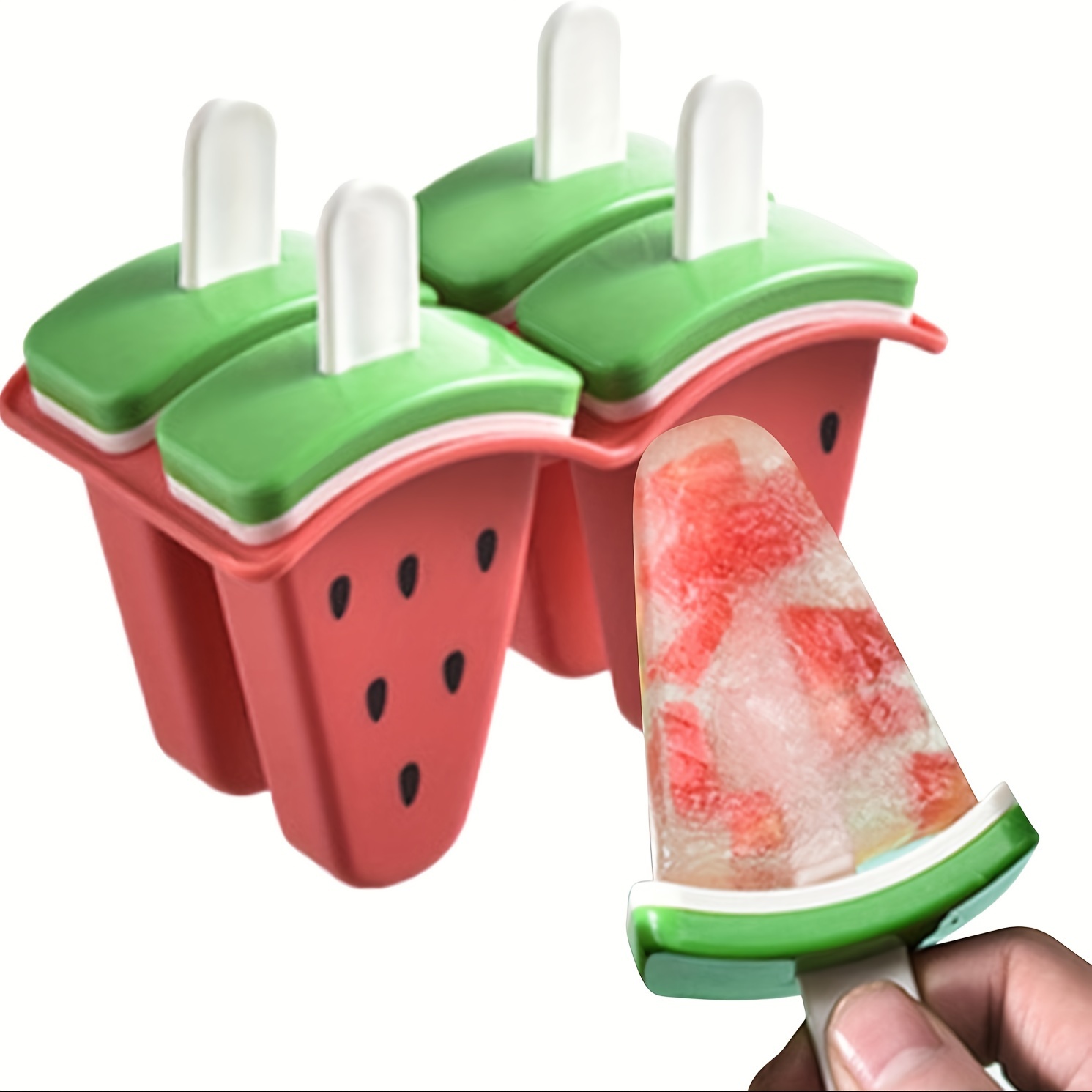 

1pc Watermelon Shaped Popsicle Mold, 4-cavity Reusable Plastic Ice Cream Mold Set With Sticks, Creative Kitchen Tool For Homemade Treats