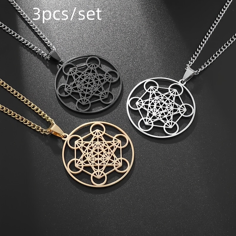 

3pcs/set Stainless Steel Flower Of Life Chakra Sacred Metatron Necklace Pendant For Men And Women Religious Solomon Amulet Jewelry