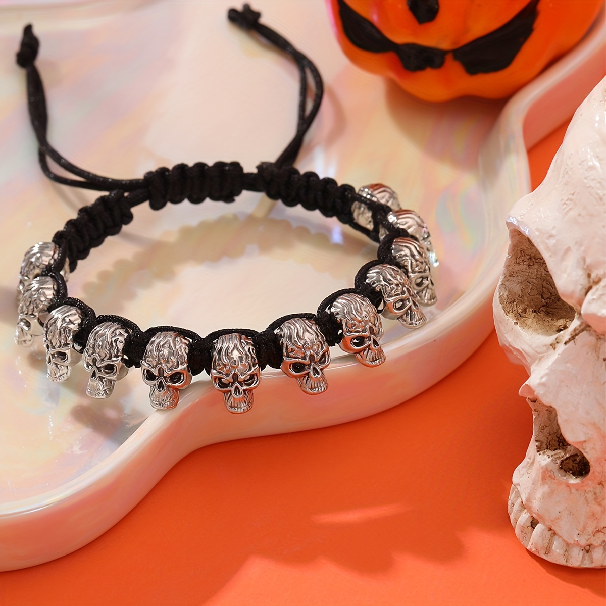 Gothic Skull Beaded Bracelet Polyester Wristband Halloween Accessory