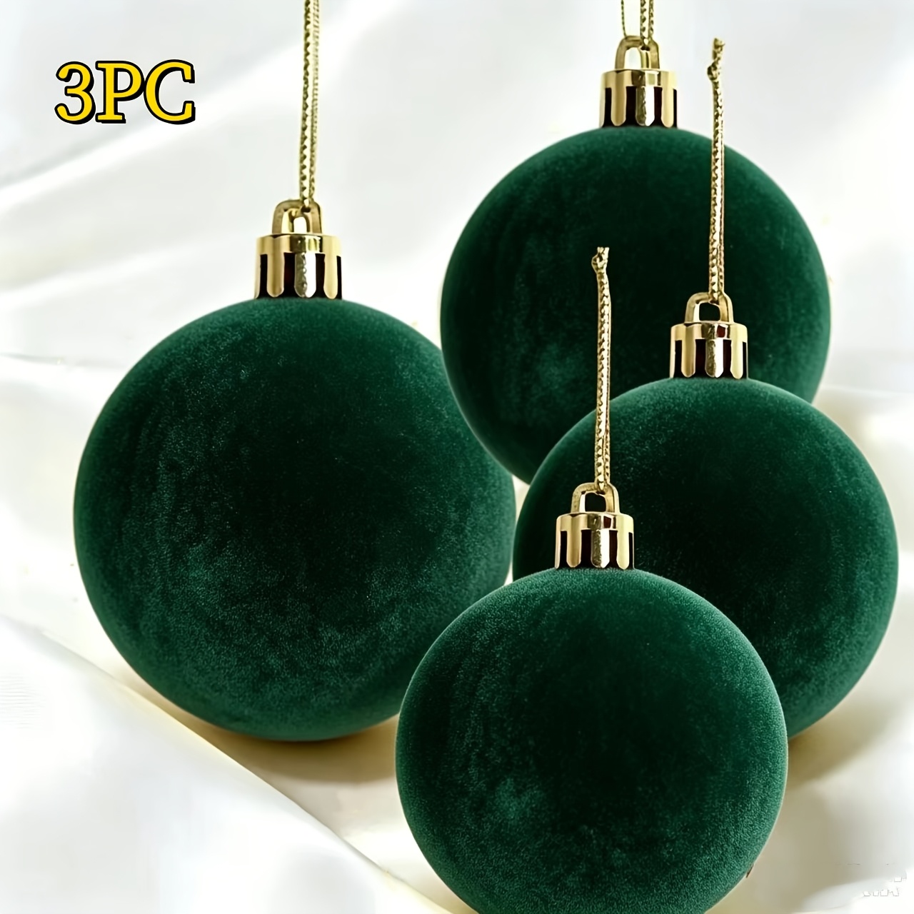 TEMU 3pcs Oversized 3.94-inch Green Velvet Christmas Balls, Golden Hanging Cover Large Velvet Christmas Hanging Ball, Christmas Tree Window Display