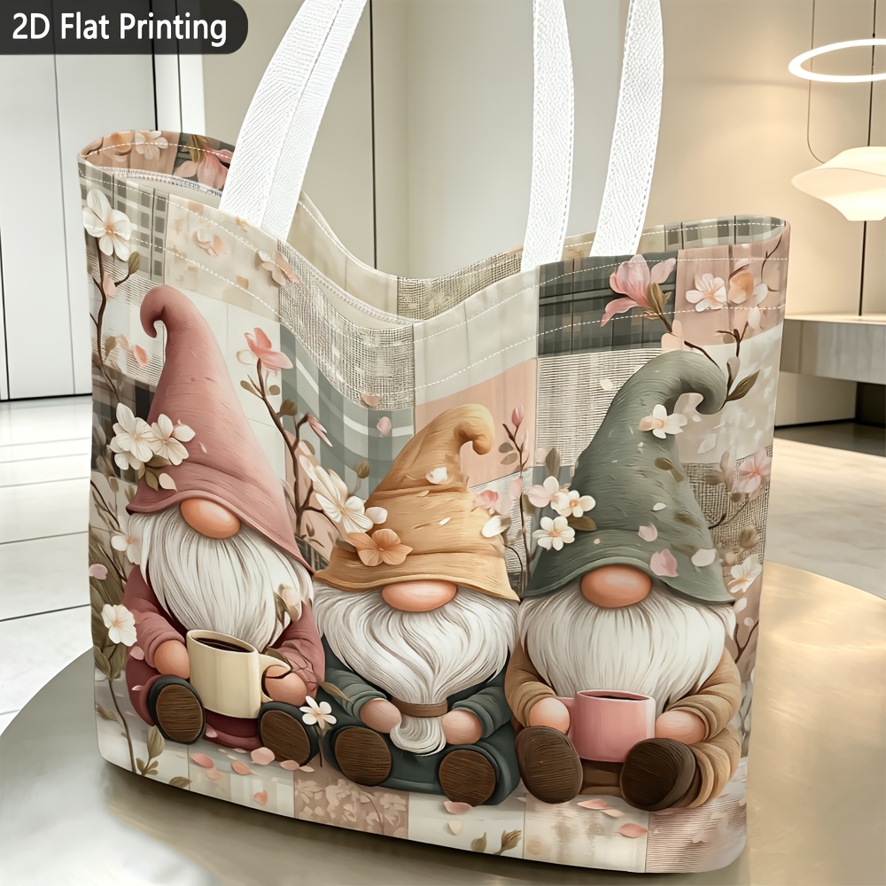 TEMU 1 pièce Sac 1 pièce pour en chanvre avec imprimé gnome et tasse de café - Sac à bandoulière réutilisable et lavable en machine adapté à un usage