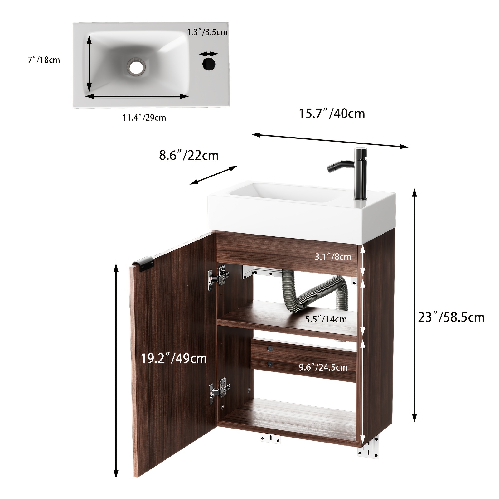 Image of Bathroom Sink With Cabinet Vanity Sink Storage Wooden Bathroom Cabinet With Washbasin Sink Drain Assembly Adjustable Shelf Soft-closing Wall-mounted Vanity With Sink For Space Toilet