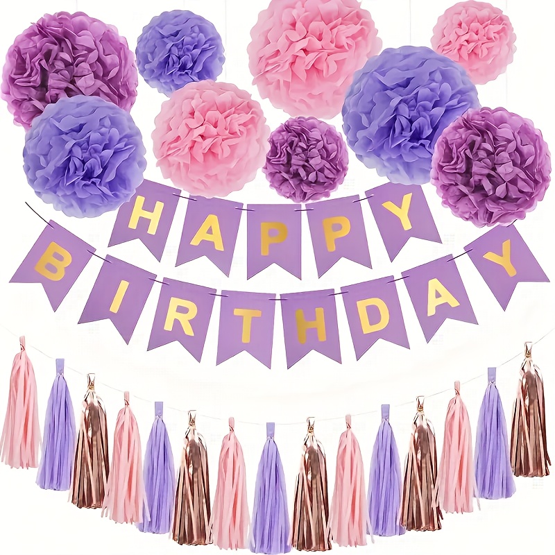 Image of Set Of 25 Purple And Pink Paper Pom Poms For Birthday Celebrations, Including A 'happy Birthday' Banner, Tissue Paper Pompoms, And Tassel Garland, Perfect For Women