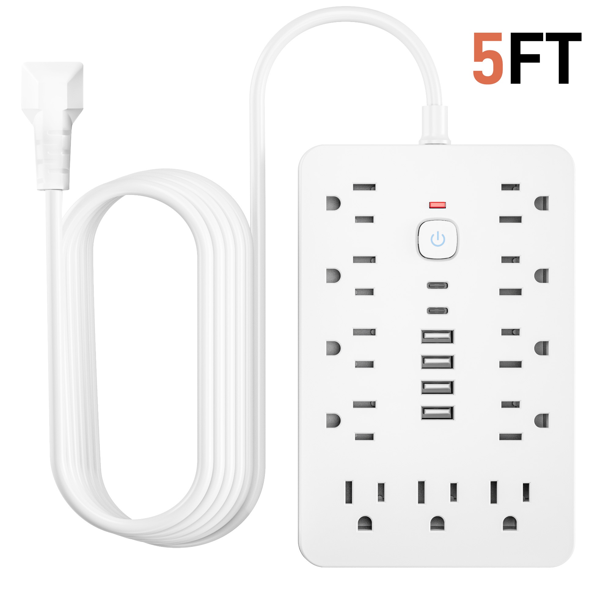 TEMU Prise Multifonction 17 en 1 avec Protection Contre les Surtensions et Câbles d'Extension, 11 Prises AC, 6 Ports USB (2 USB C) et Boutons