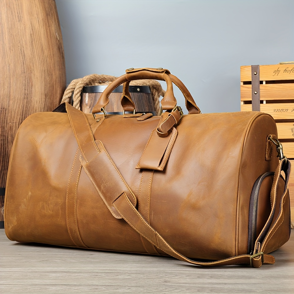 Top Layer Cowhide Travel Bag, Real Genuine Leather Handbag with Shoe  Compart*t, Portable Luggage Bag *'* Casual Travel Handbag, Large