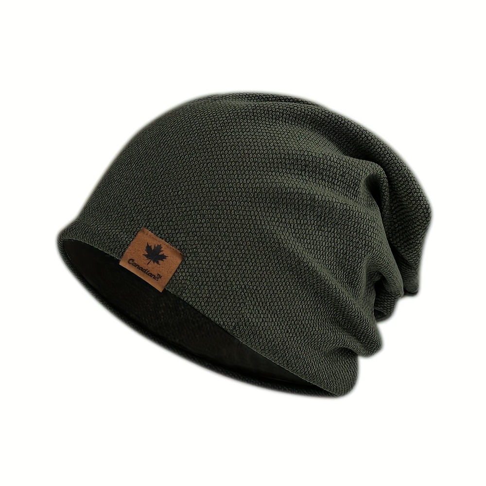 TEMU 1pc Men's Soft And Lightweight Beanie - Warm, Stretchy, Polyester Made, With Trendy Maple Leaf Leather Patch, Hand Washable, Ideal For Weather,