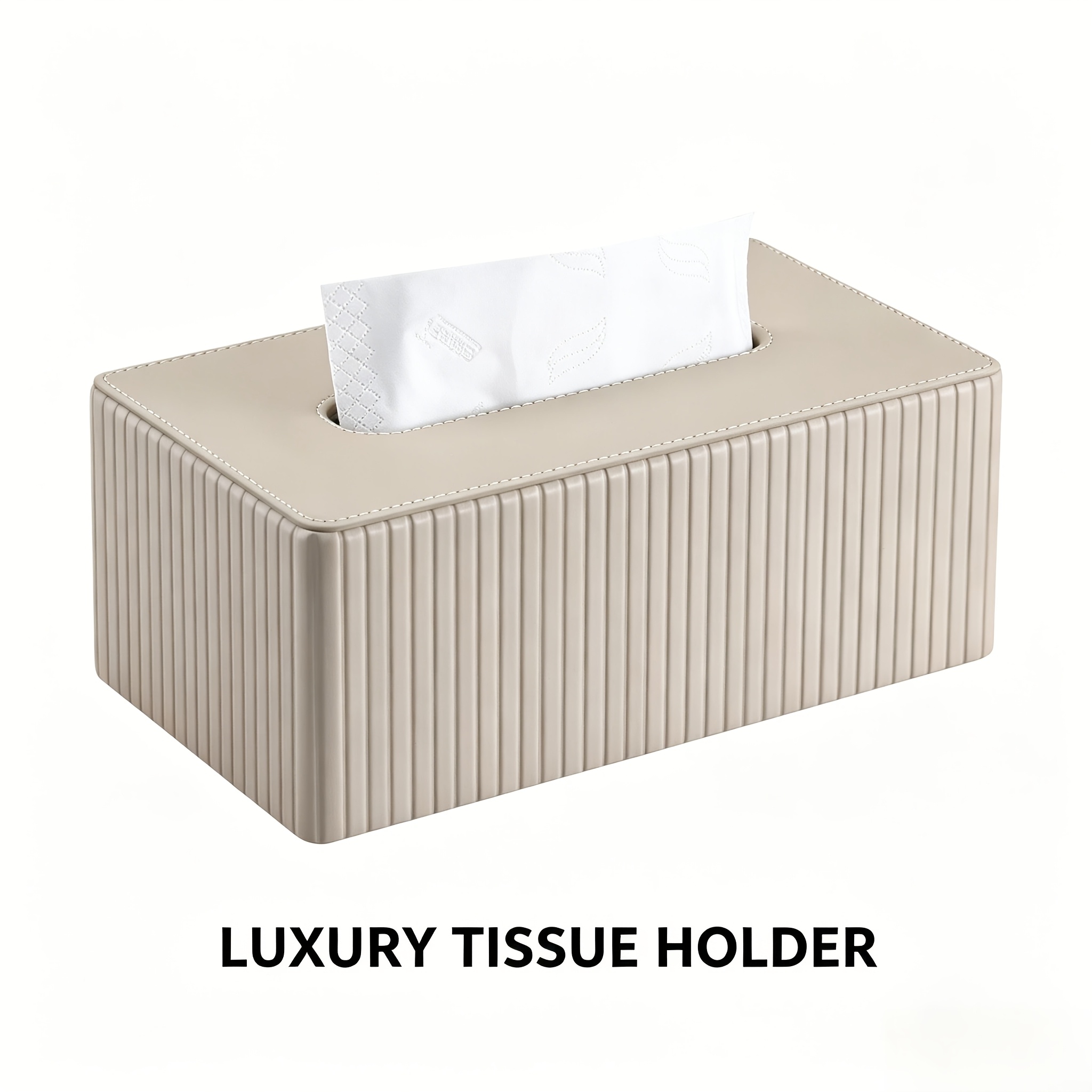Image of European-american Minimalist Luxury Italian Vertical Striped Pu Leather Rectangular Tissue Box, Stylish Decorative Napkin Dispenser For Kitchen & Living Room