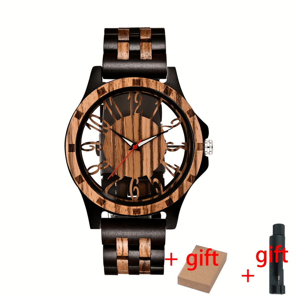 Image of Natural Men' Watch, Transparent Hollowed Out Arabic Dial Quartz Wooden Watch, Quartz Movement Natural Wooden Watch Gift For Man Father