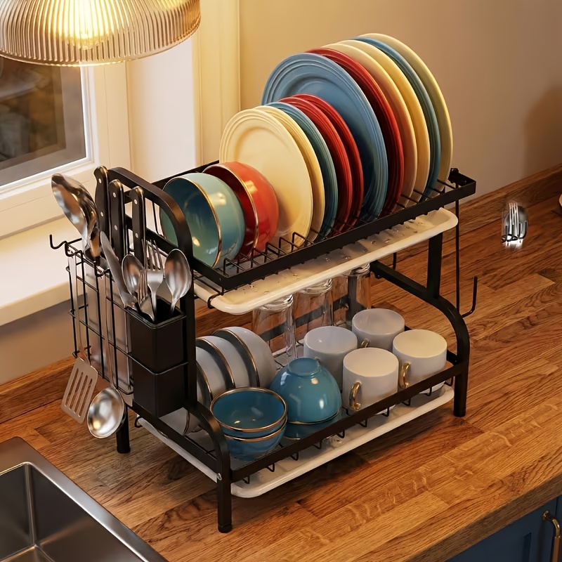 TEMU Metal Dish Drying Rack, 2/3-tier Vertical Storage Shelf, High-capacity Rustproof Stainless Steel Kitchen Drainer With Drip Tray, Detachable