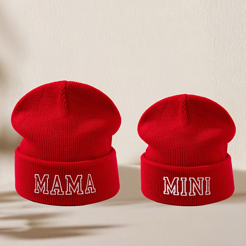 TEMU 2pcs Family Set Knitted Beanie With "mam Mini" Letter Embroidery, Soft, Comfortable, And Warm Brimless Hat For Outdoor, Casual, Sports, Running,