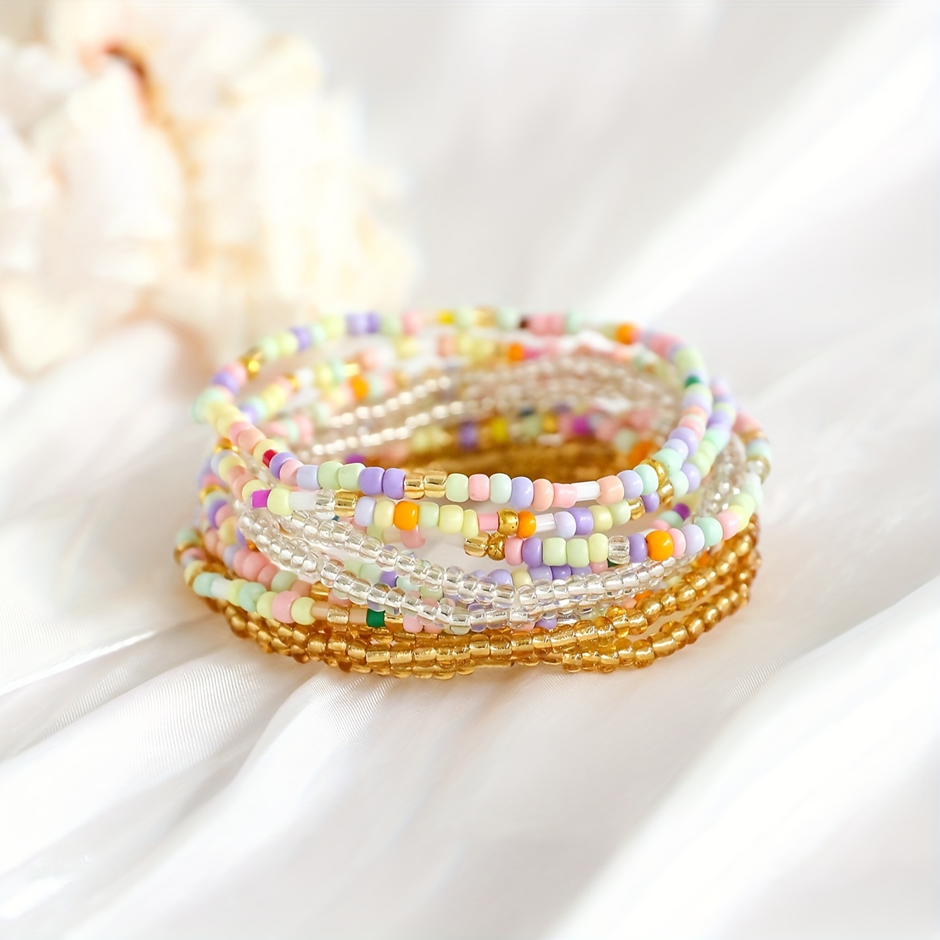 11pcs Glass Material Rice Beads Elastic Rope Bracelet Set