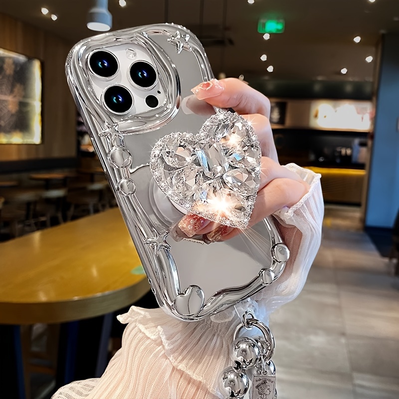 Phonecase Silvery Mirror Love Rhinestone Bracket for iPhone Case Phone Bracelet heart shape phone stand one set