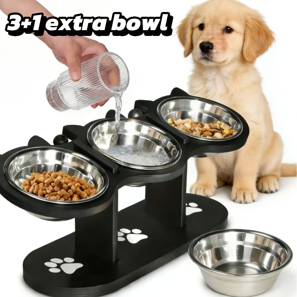 E-shop Erhöhtes Katzenfutternapf-Set mit 4 Edelstahlschalen - 15° geneigte Edelstahl-Katzenschale, höhenverstellbar mit schwarzem Ständer, ideales