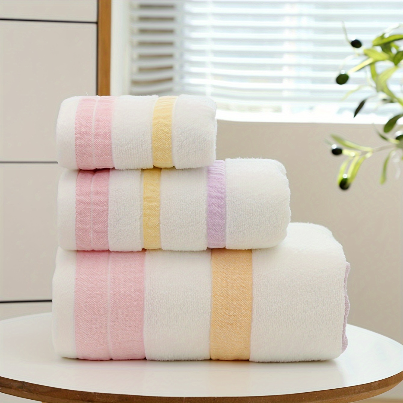 

3pcs Colorful Striped Bath Linen Set, Super Soft Cotton Shower Towel, Absorbent Skin-friendly Face Towel - 1 Bath Towel + 1 Shower Towel + 1 Washcloth, Bathroom Supplies, Home Supplies