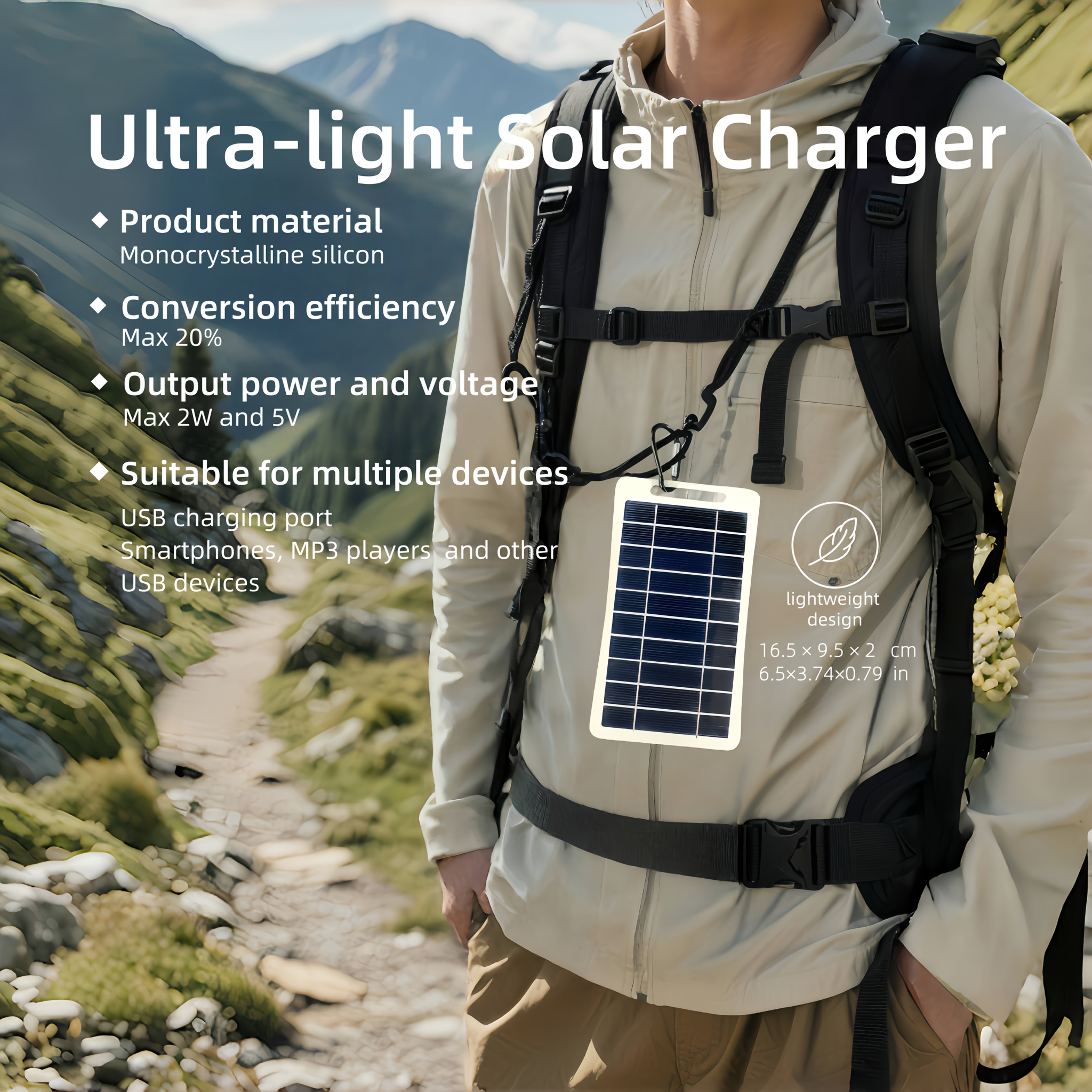 a portable outdoor solar usb charger suitable for travel and camping with a movable solar panel that can charge phones flashlights and fans and is convenient for taking pets on   Product details 1