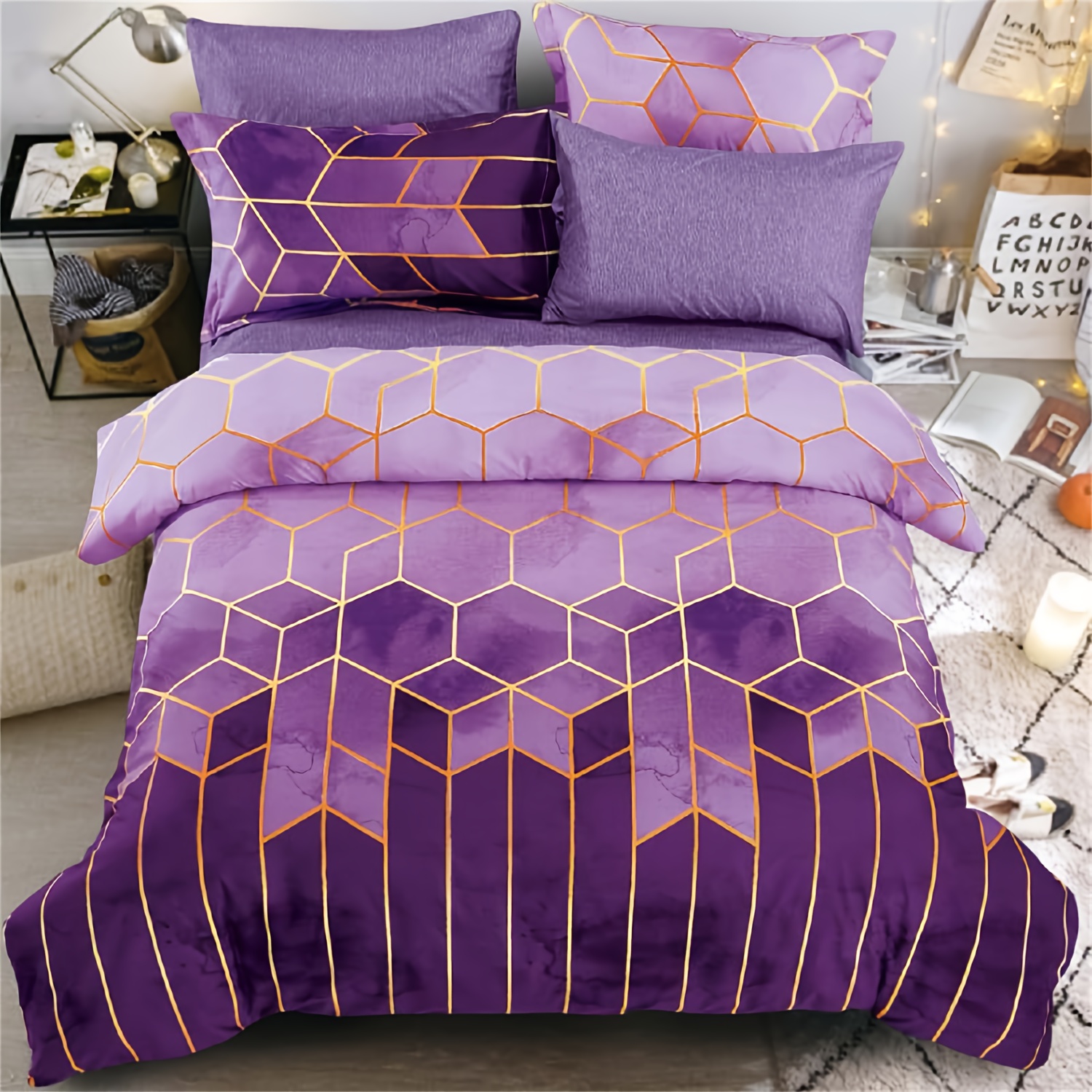 TEMU 3pcs Geometric Rhombus Grid Pattern Quilt Duvet Cover Bedding Set, (included 1* Quilt Duvet Cover & 2* Pillowcases, Comforter Not Included)